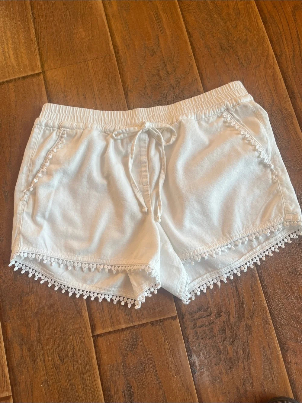 Damaged/not selling. LOFT White Pom-Trim Drawstring Athletic Shorts - Size Small